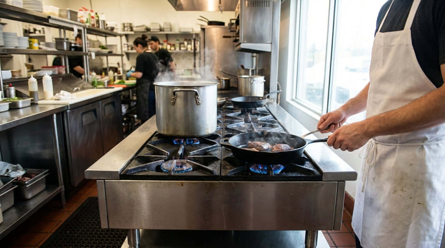 The Ultimate Buyers Guide to Commercial Propane Hot Plates in busy restaurant kitchen with chef cooking on propane burners