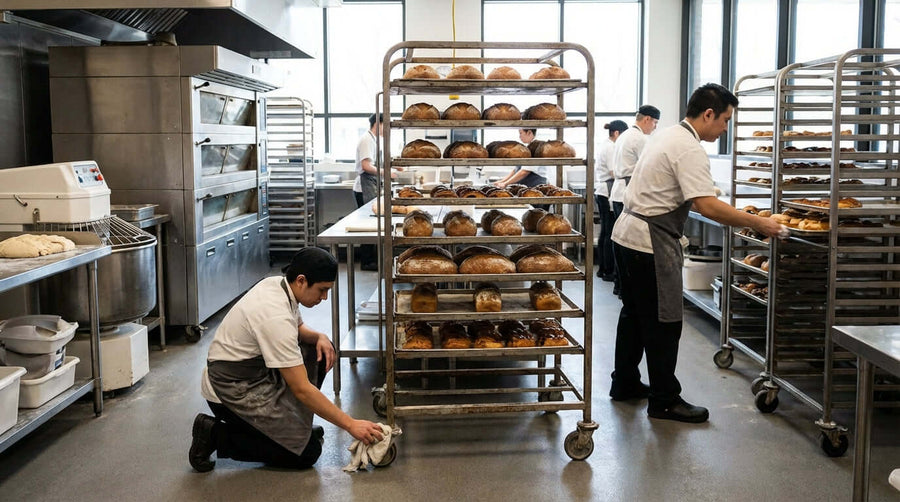 Keep it Rolling: Essential Maintenance Tips for Your Bun Pan Trucks bakery staff cleaning bun pan truck casters in commercial kitchen