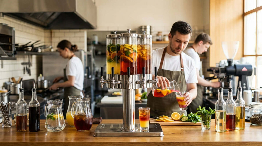Alt Tag: Beyond the Basics: Creative Recipes for Your Commercial Drink Dispenser - bartender preparing fruit-infused drinks at a commercial dispenser station