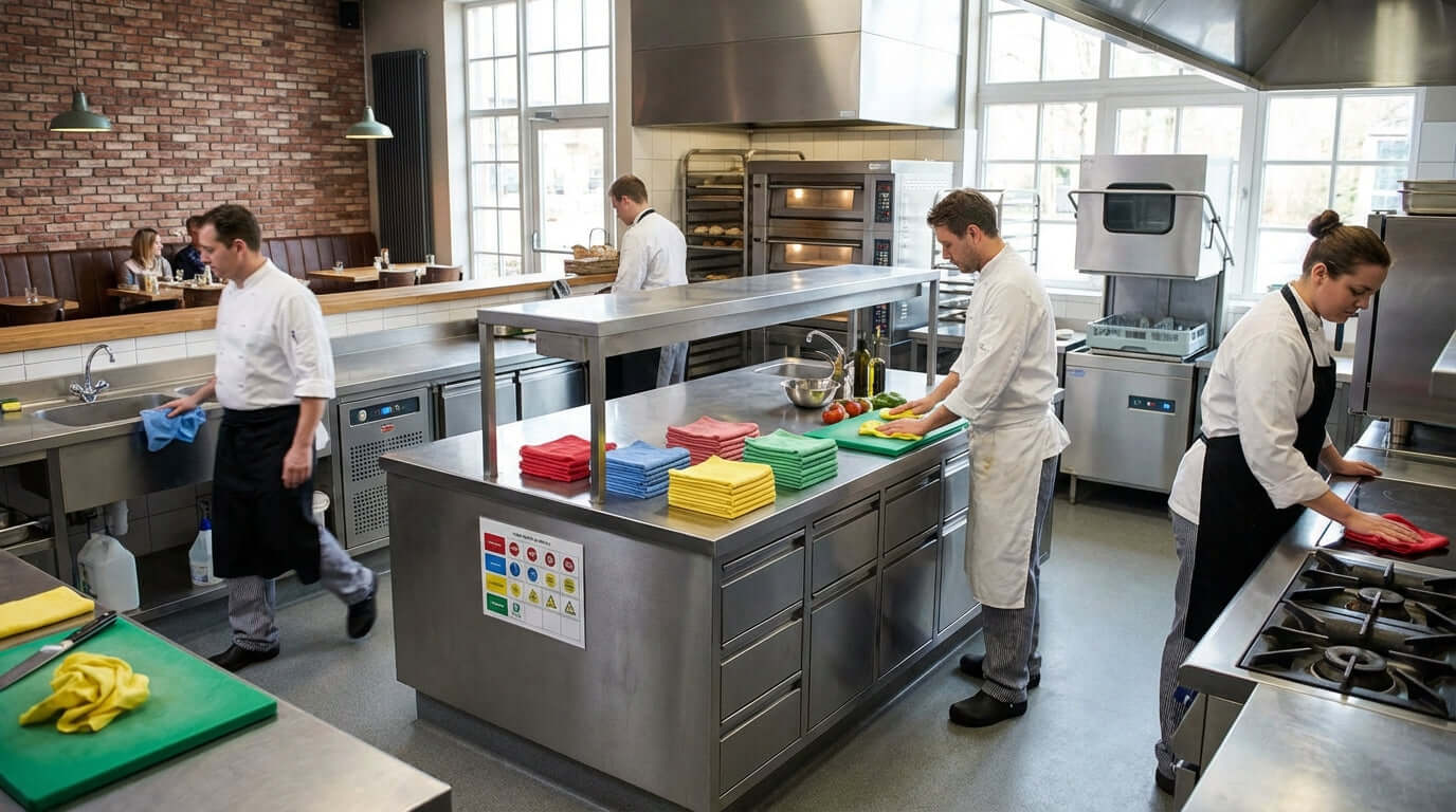 Commercial kitchen staff using color-coded cleaning cloths to prevent cross-contamination at stainless prep stations