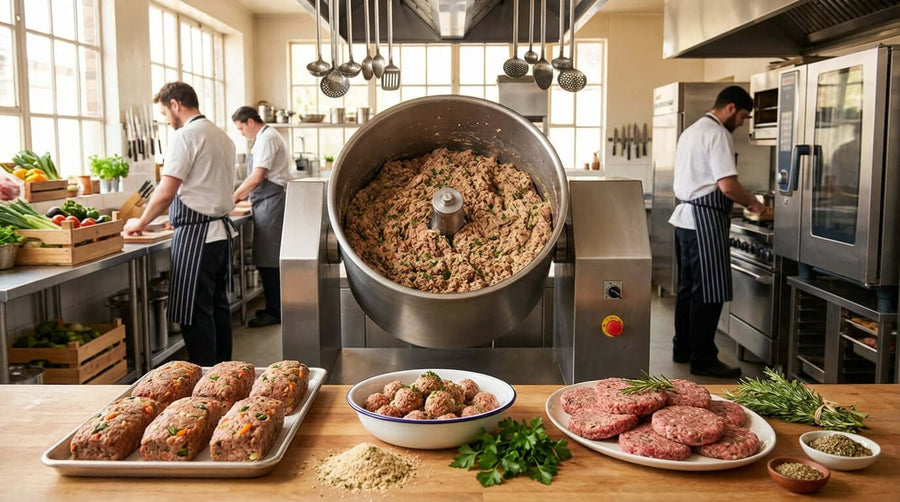 Alt Tag: Beyond Sausages: 3 Creative Recipes for Your Meat Mixer in a commercial kitchen with meat mixer, seasoned ground meat, and patties