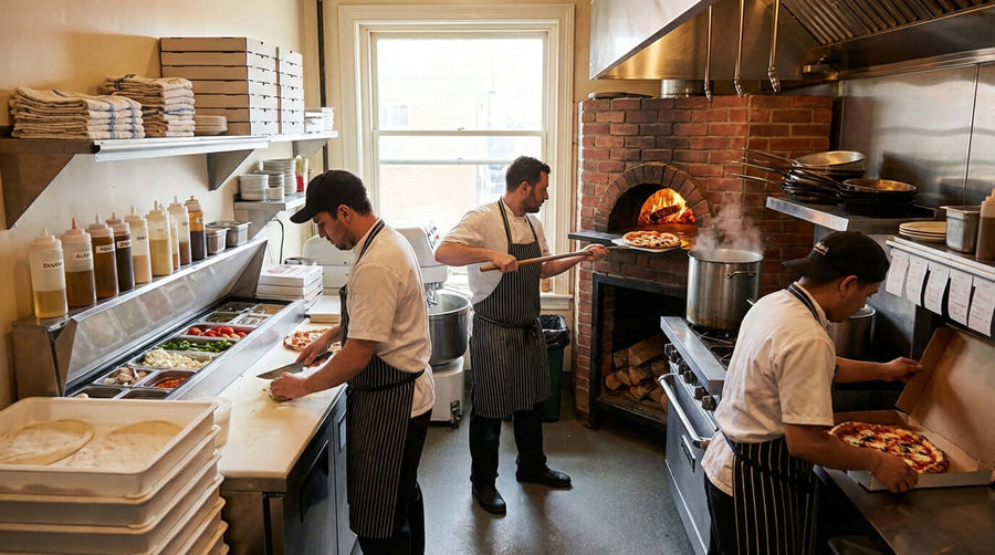 Organizing a Small Pizzeria Kitchen for Maximum Output with streamlined prep line, sauce bottles, and chefs loading pizzas into oven