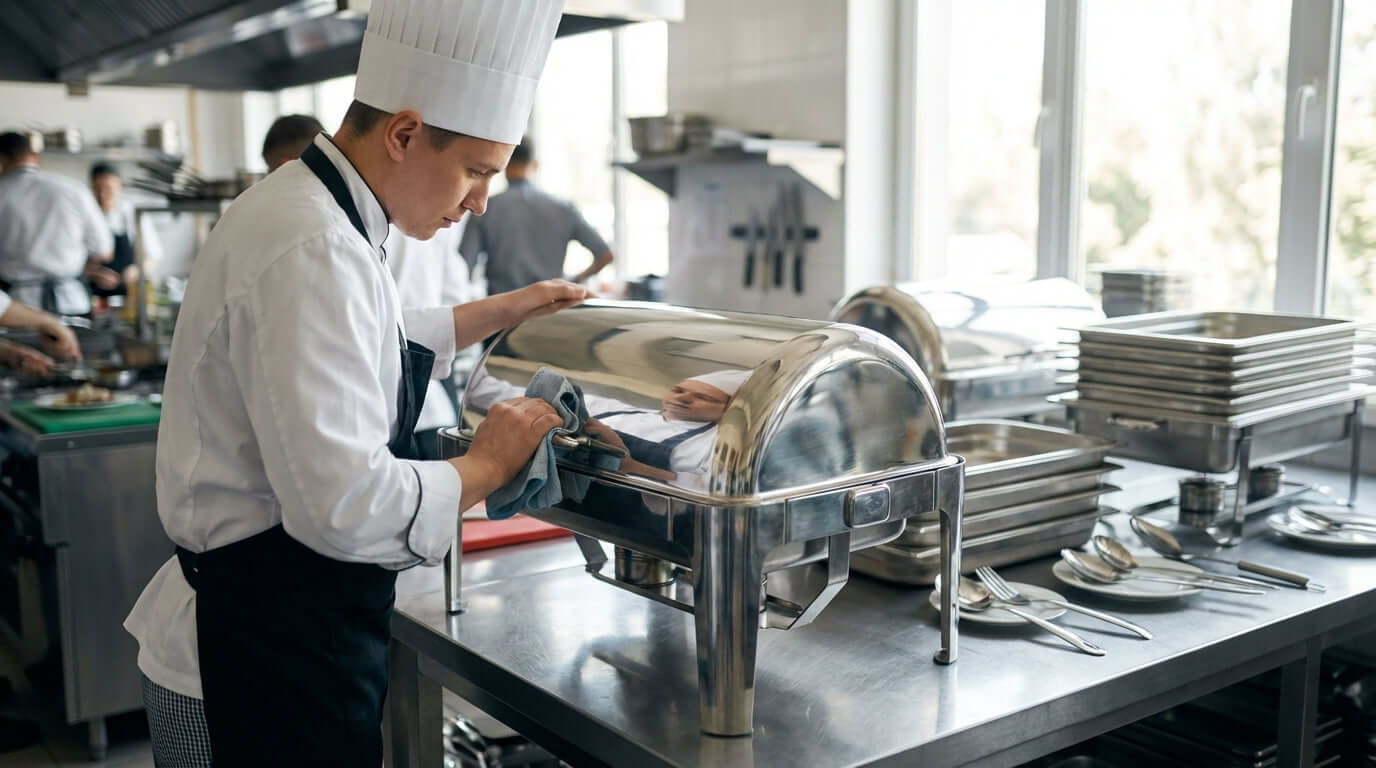 Maintaining Your Stainless Steel Chafers: A Pros Guide to Longevity - chef polishing stainless steel chafing dish in commercial kitchen