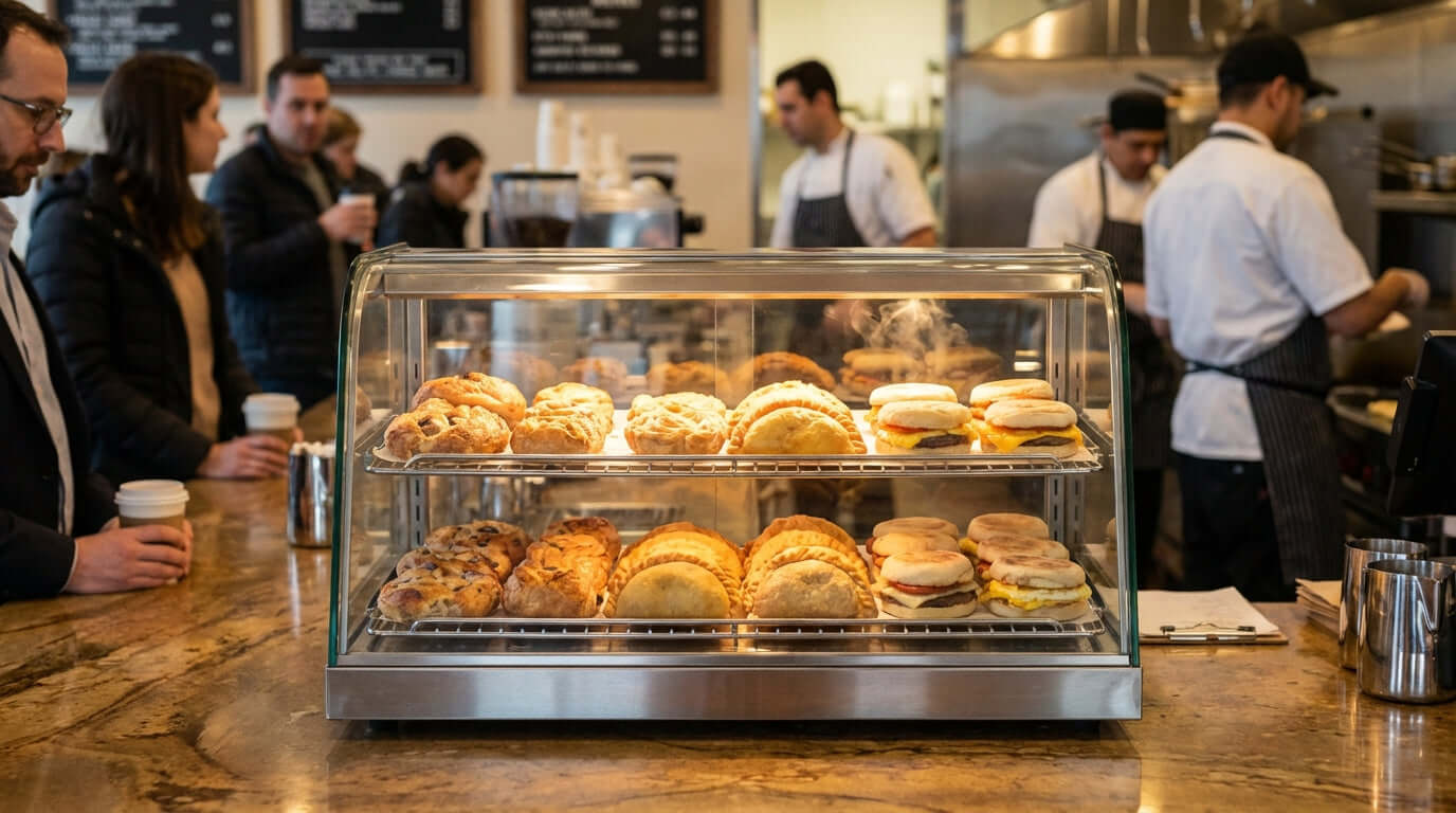 5 Ways to Skyrocket Impulse Sales with Your Heated Display Case featuring bakery heated display case with pastries and breakfast sandwiches