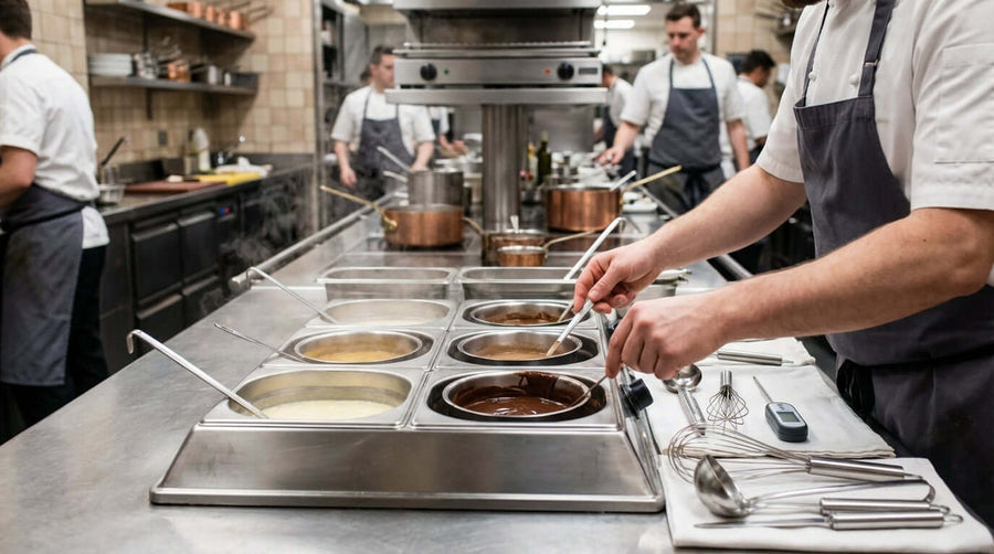 Alt Tag: The Chefs Guide to a Perfect Bain-Marie: Techniques & Tips in pro kitchen with chefs using bain-marie station to keep sauces warm