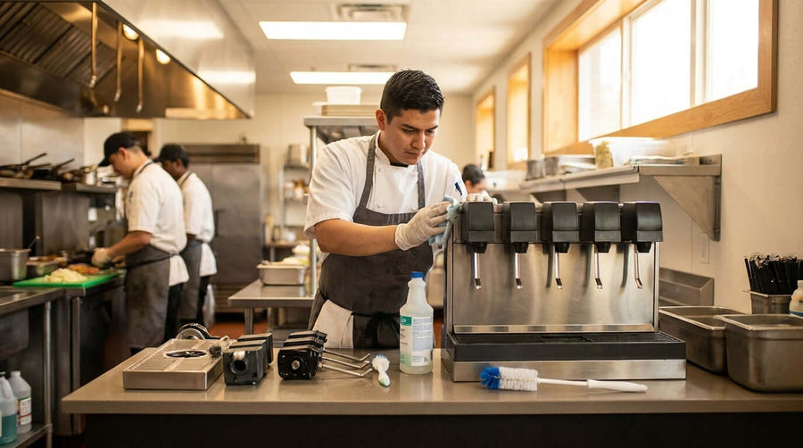 Keep it Clean: The Ultimate Guide to Maintaining Your Beverage Dispenser - staff sanitizing soda fountain beverage dispenser in commercial kitchen