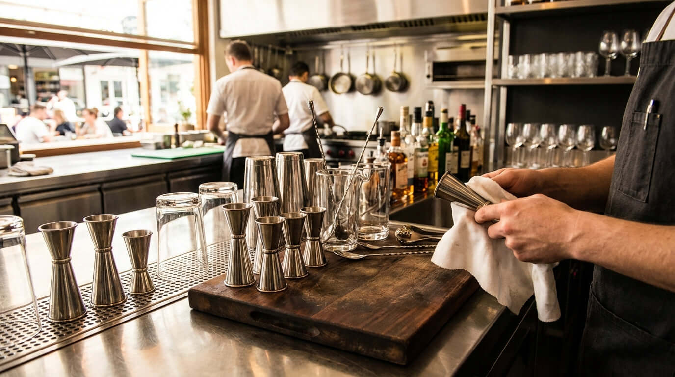 Keep Your Barware Gleaming: The Ultimate Guide to Cleaning and Maintaining Your Jiggers - bartender polishing jiggers and glassware at bar