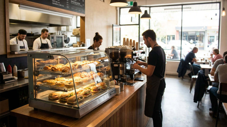 Alt Tag: The Ultimate Guide to Choosing Your Countertop Heated Merchandiser in café display case keeping pastries warm at busy coffee shop counter