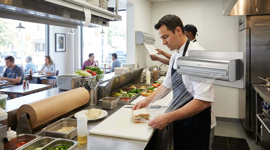 Cut Costs, Not Corners: How the Right Dispenser Minimizes Paper and Film Waste in restaurant kitchen using wall-mounted film wrap dispenser