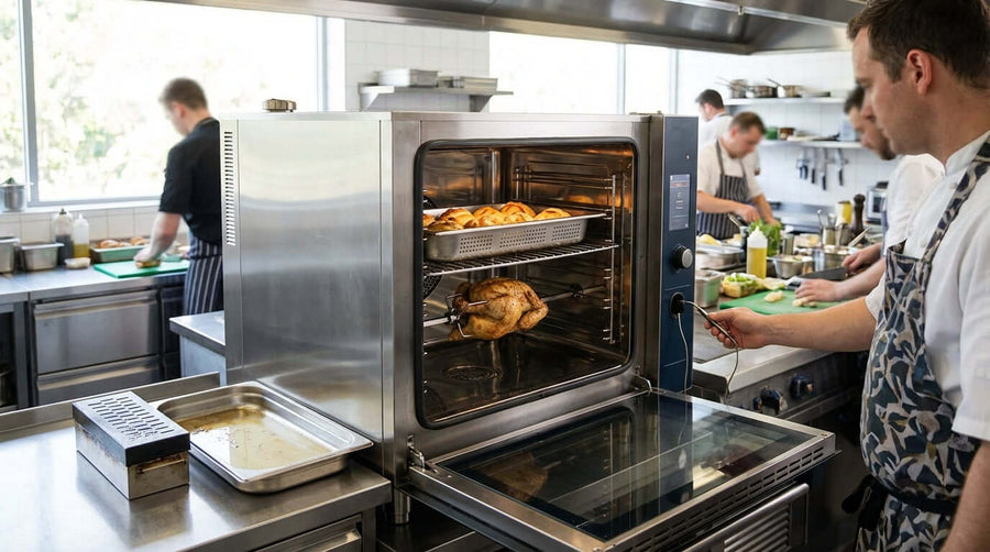 Alt Tag: The 5 Must-Have Accessories to Supercharge Your Combi Oven in commercial kitchen with chefs using combi oven for roasting
