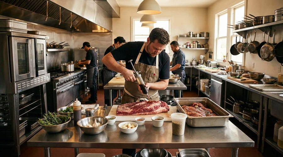 The Ultimate Guide to Meat Marination: Best Practices for Using a Meat Pump chef injecting marinade into beef in commercial kitchen