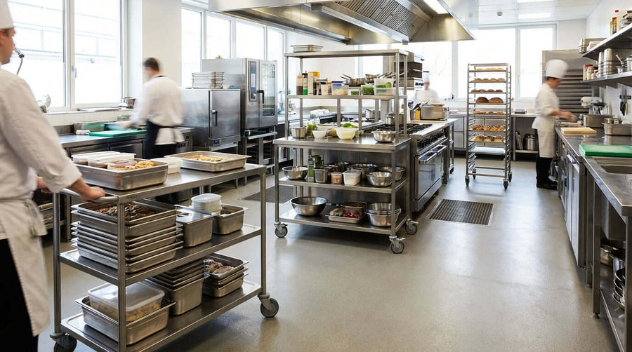How to Choose the Right Bulk Cart for Your Business in a commercial kitchen with rolling stainless steel bulk carts for food service prep