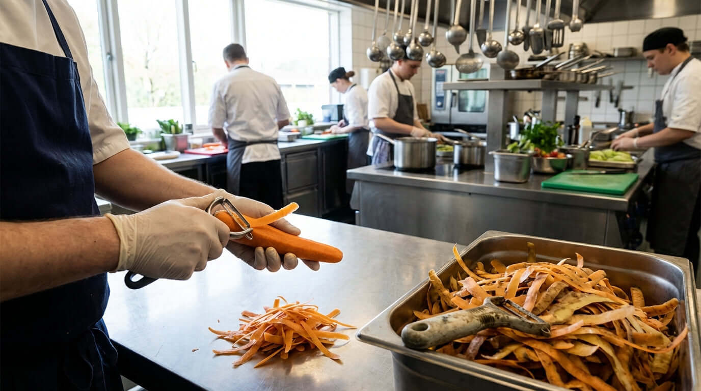 The ROI of a Great Peeler: How Upgrading Prep Tools Reduces Food Waste in pro kitchen, chef peeling carrots with peeler and reduced waste