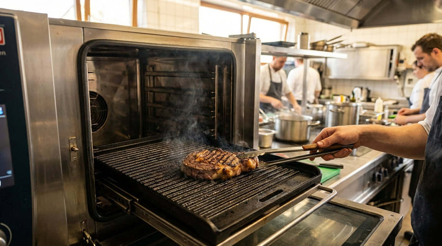 Achieving the Perfect Sear: A Guide to Combi Oven Grill Plates - chef searing steak on combi oven grill plate in professional kitchen