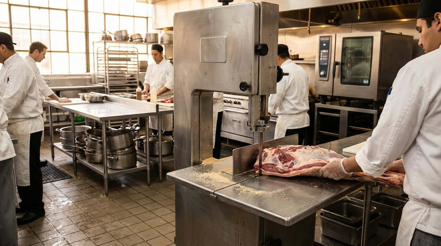 Is It Time to Upgrade? 5 Signs You Need a New Floor Model Band Saw in commercial butcher kitchen cutting meat with band saw