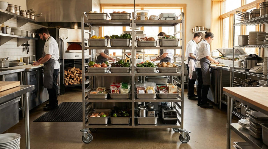 Alt Tag: The Ultimate Guide to Choosing the Right Stocking Cart in busy commercial kitchen with rolling metal cart and staff prepping food