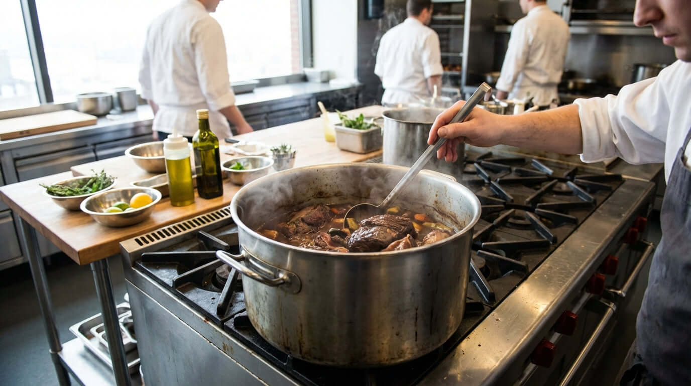 More Than Just Soup: 6 Unexpected Dishes to Master in Your Stock Pot—chef stirring braised meat in large stock pot on commercial stove