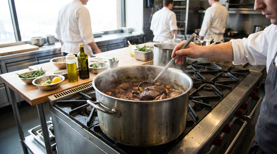 More Than Just Soup: 6 Unexpected Dishes to Master in Your Stock Pot—chef stirring braised meat in large stock pot on commercial stove