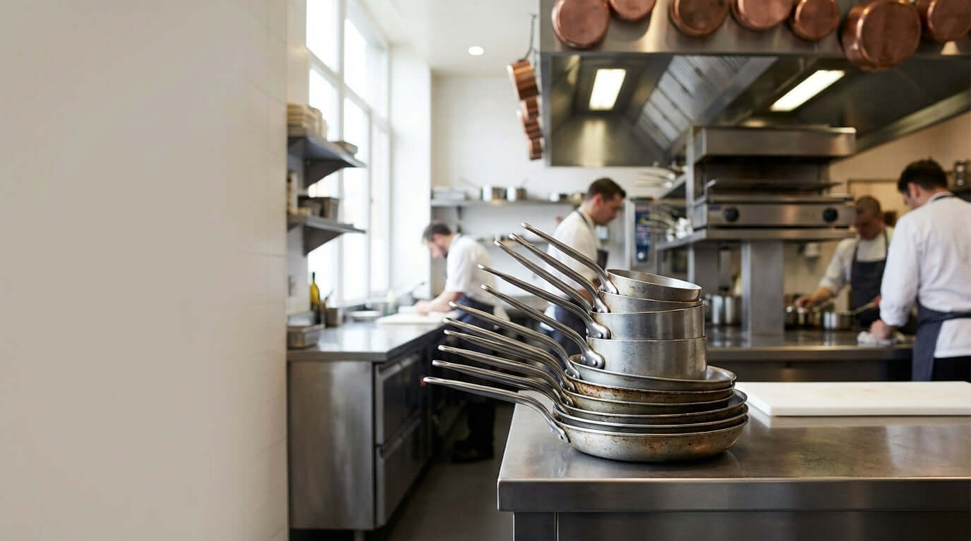 Maximize Your Kitchen Space: The Stacking Power of Tapered Pans - stacked tapered pans on stainless prep table in busy commercial kitchen