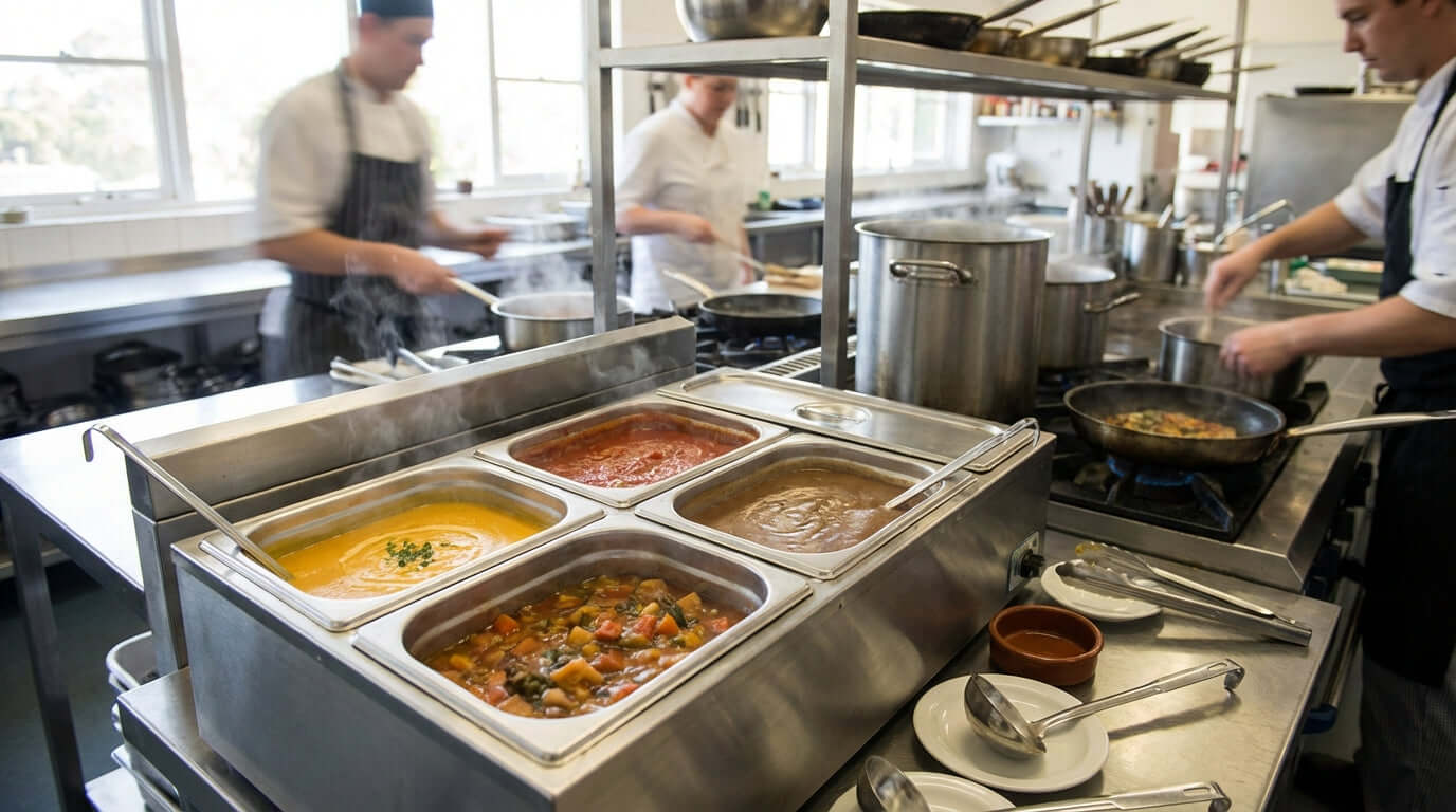 From Soups to Sauces: The Best Foods to Hold in a Bain Marie in a commercial kitchen with bain marie pans of soups and sauces