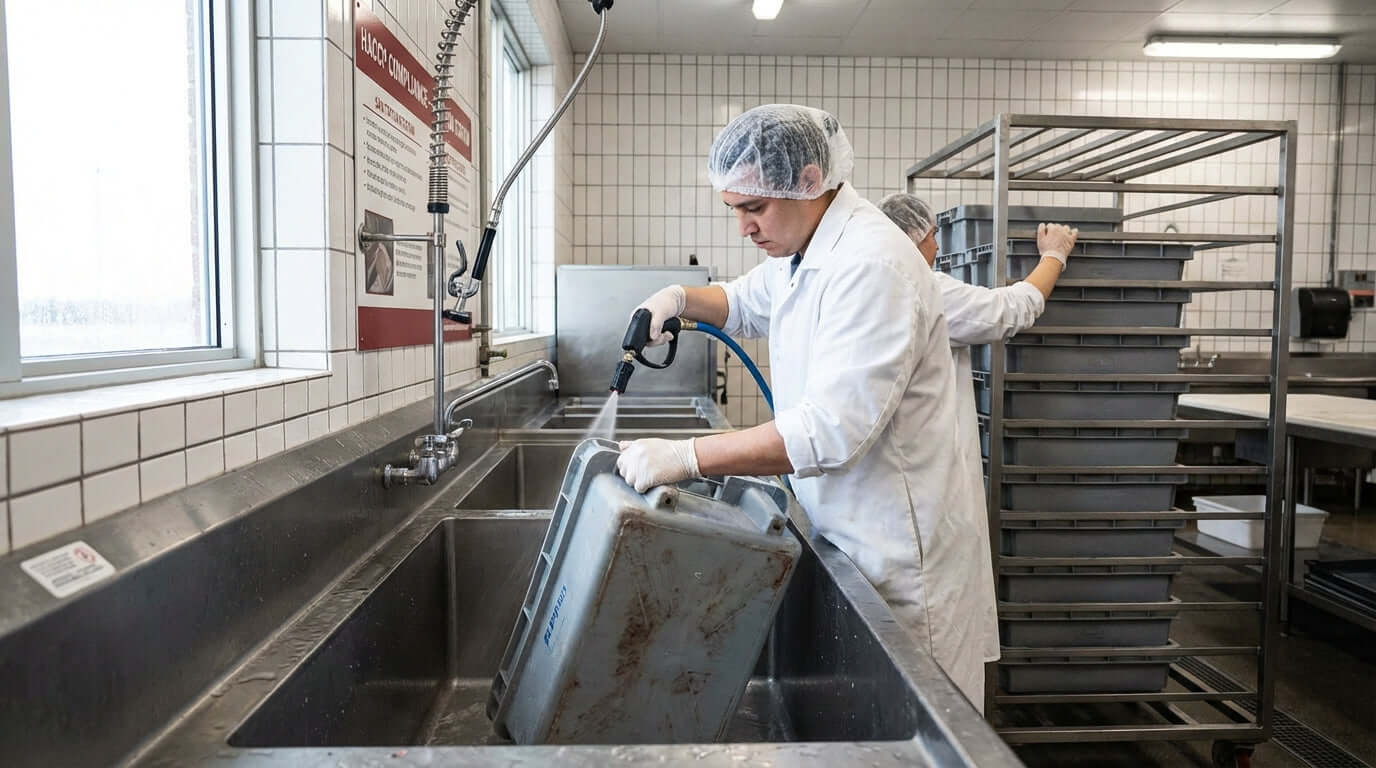 The Ultimate Guide to Cleaning and Sanitizing Your Meat Lugs for HACCP Compliance: worker pressure-washing meat lug in food processing wash station