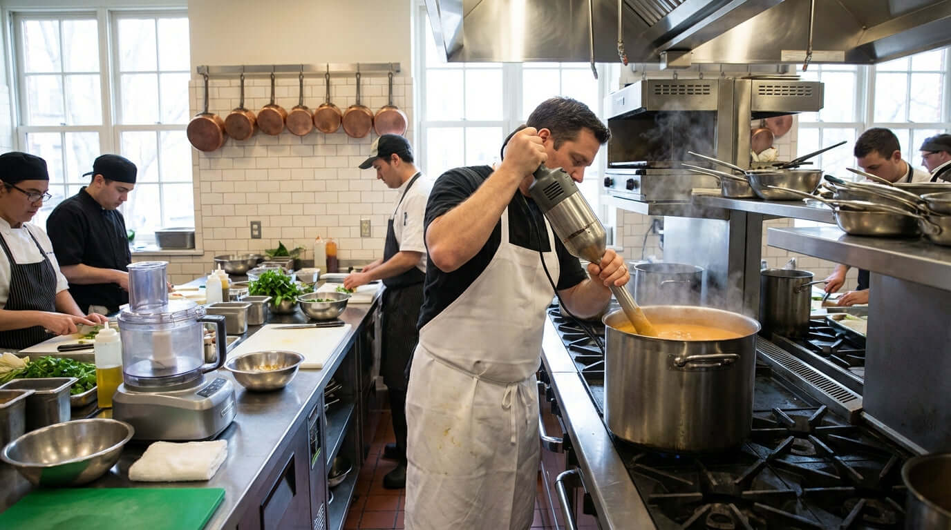 From Lumpy to Silky: The Secret to Perfectly Smooth Sauces and Soups - chef using immersion blender to puree soup in professional kitchen