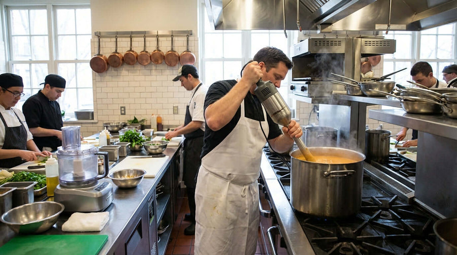 From Lumpy to Silky: The Secret to Perfectly Smooth Sauces and Soups - chef using immersion blender to puree soup in professional kitchen