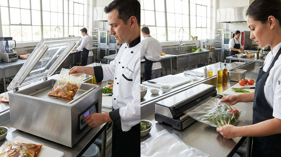 Chamber vs. Channel Bags: Which Vacuum Bag is Best for Your Business? chefs using chamber and channel vacuum sealers in commercial kitchen