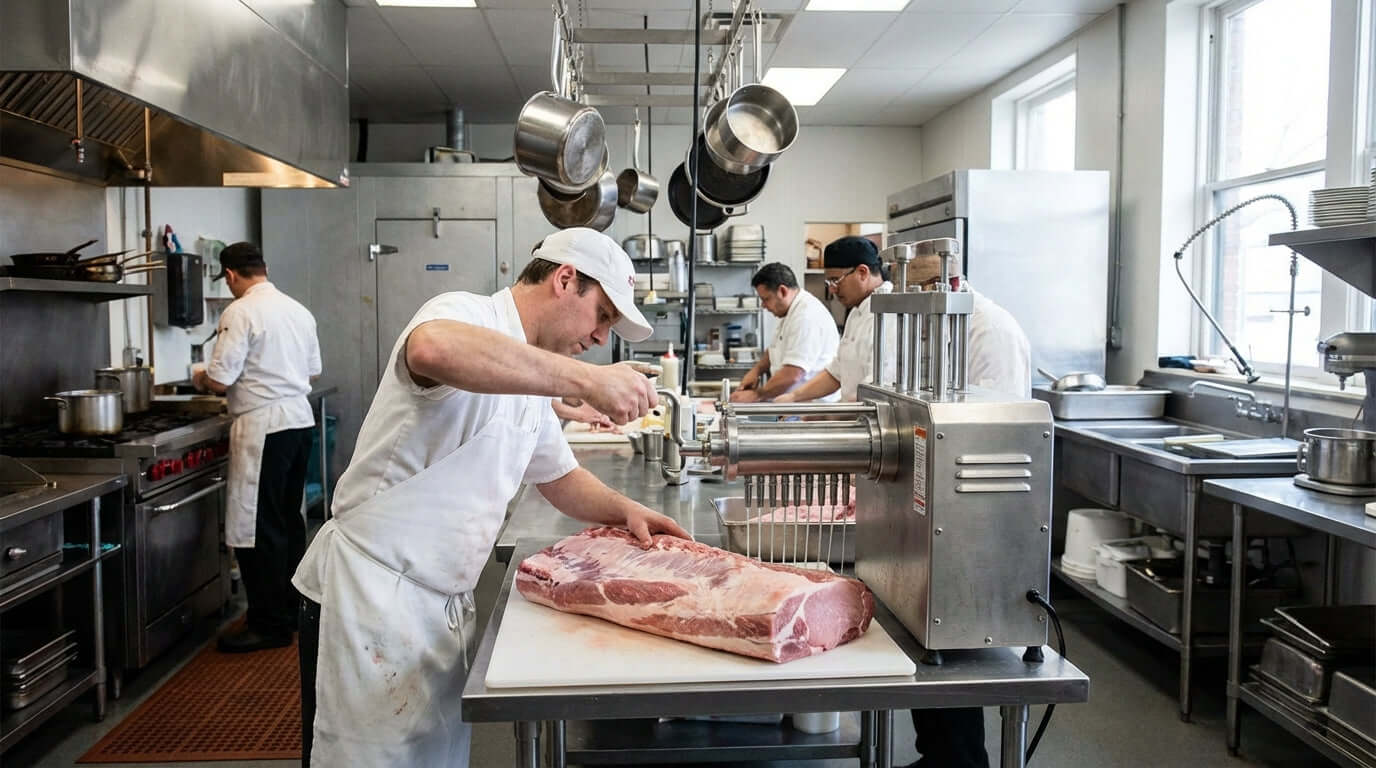 Alt Tag: 5 Ways a Brine Injector Pump Can Maximize Your Butcherys Profits brine injector pump injecting pork loin in commercial butchery kitchen