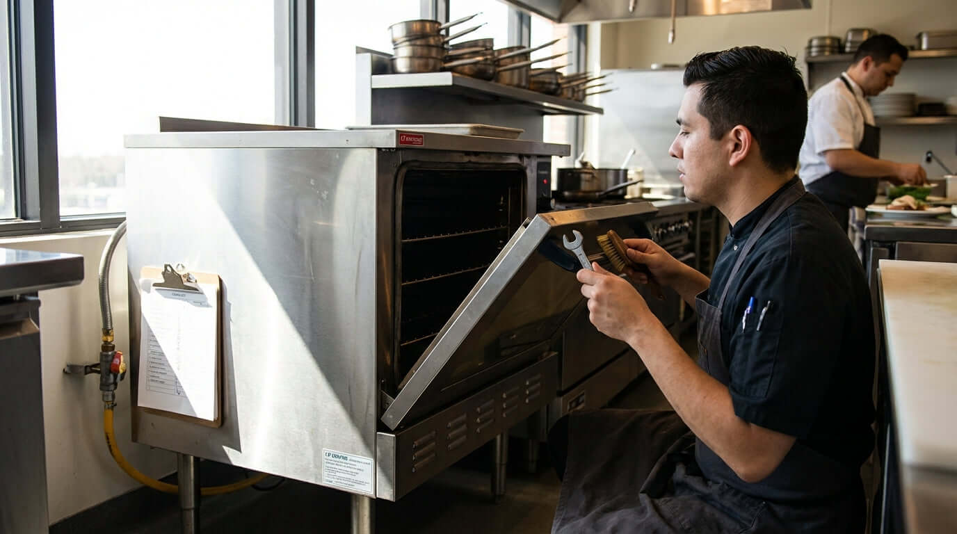 Keep the Heat On: A Simple Maintenance Checklist for Your LP Convection Oven technician inspecting commercial convection oven in kitchen