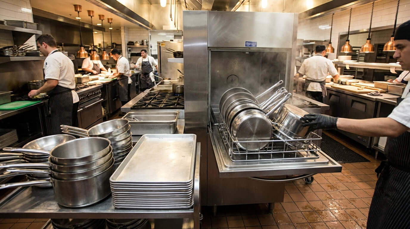 Maximizing Your Investment: A Guide to Pot and Pan Washer ROI in a busy commercial kitchen with staff loading pots and pans