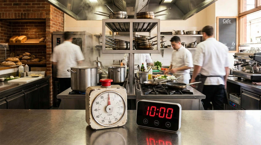 Analog vs. Digital: Which Timer Triumphs in a Professional Kitchen? analog and digital timers on counter in busy professional kitchen