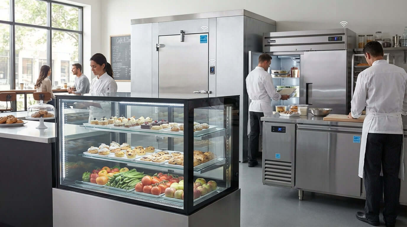 Alt Tag: Cool Savings: How to Maximize Energy Efficiency in Your Commercial Refrigeration in a commercial kitchen with display case and refrigerators