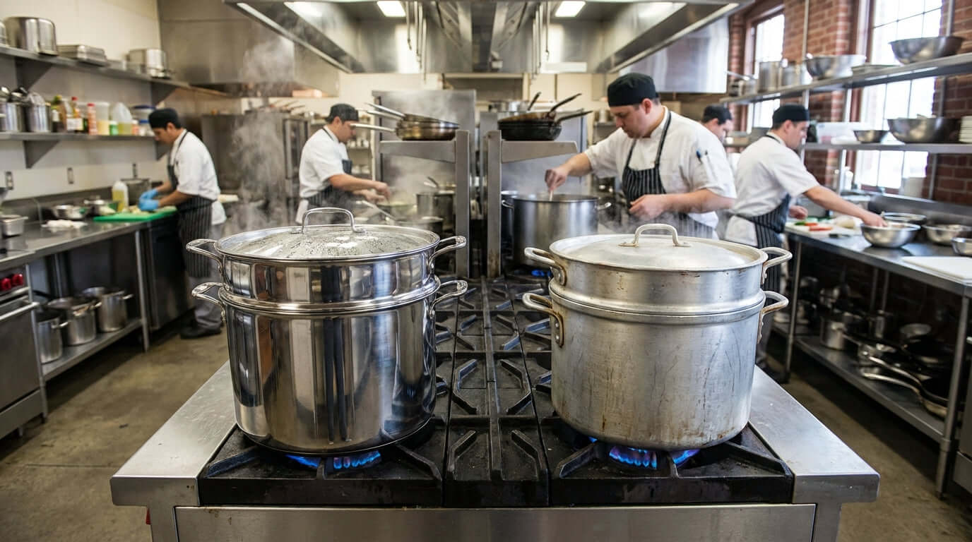 Stainless Steel vs. Aluminum: Choosing the Best Commercial Double Boiler in busy commercial kitchen with large stock pots on gas range
