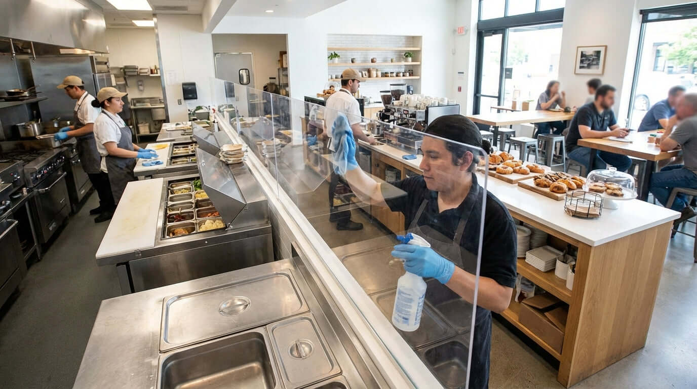 Keeping it Clean: Best Practices for Sanitizing Safety Partitions—employee disinfecting plexiglass barrier at café counter to protect customers