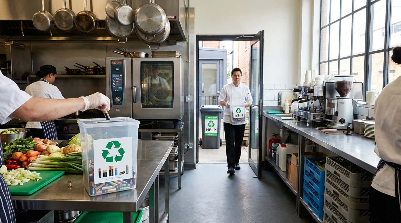From Counter to Curb: A Guide to Setting Up a Successful Battery Recycling Program in restaurant kitchen with battery recycling bins