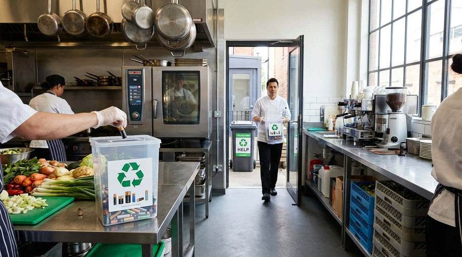 From Counter to Curb: A Guide to Setting Up a Successful Battery Recycling Program in restaurant kitchen with battery recycling bins