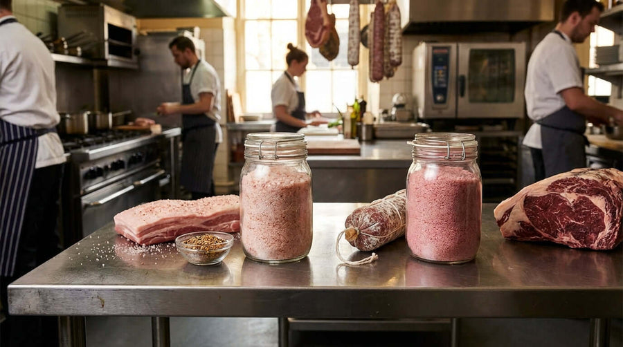 The Chefs Guide: Understanding Curing Salt #1 vs. #2 curing salts in jars on prep table with bacon, salami and chefs in kitchen