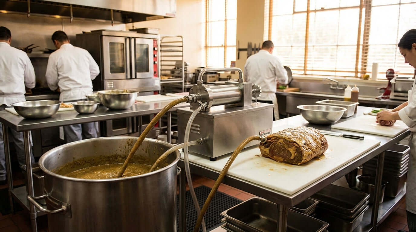 Beyond the Brine: Creative Applications for Your Commercial Meat Pump in a busy commercial kitchen brine-injecting roasted meat on prep table