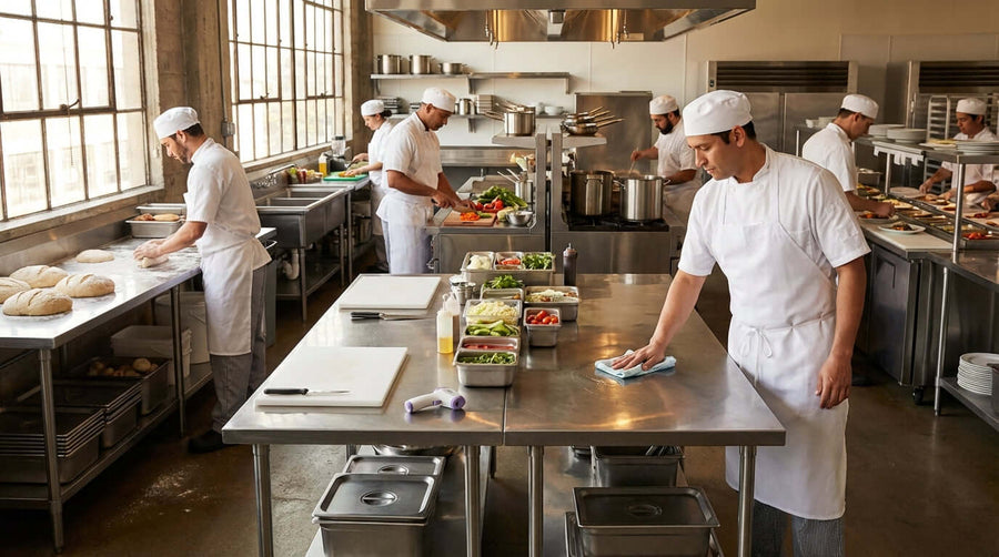 Why NSF Certification Matters for Your Commercial Kitchen Work Tables in a busy commercial kitchen with chefs prepping food on stainless steel work tables