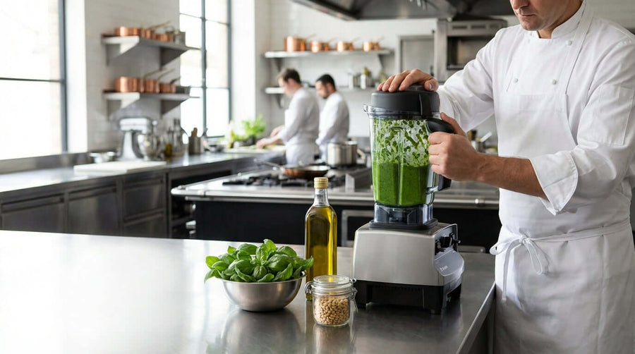 Alt Tag: Beyond the Smoothie: Creating Signature Sauces & Spreads with Your Blender, chef blending fresh herb sauce in commercial kitchen