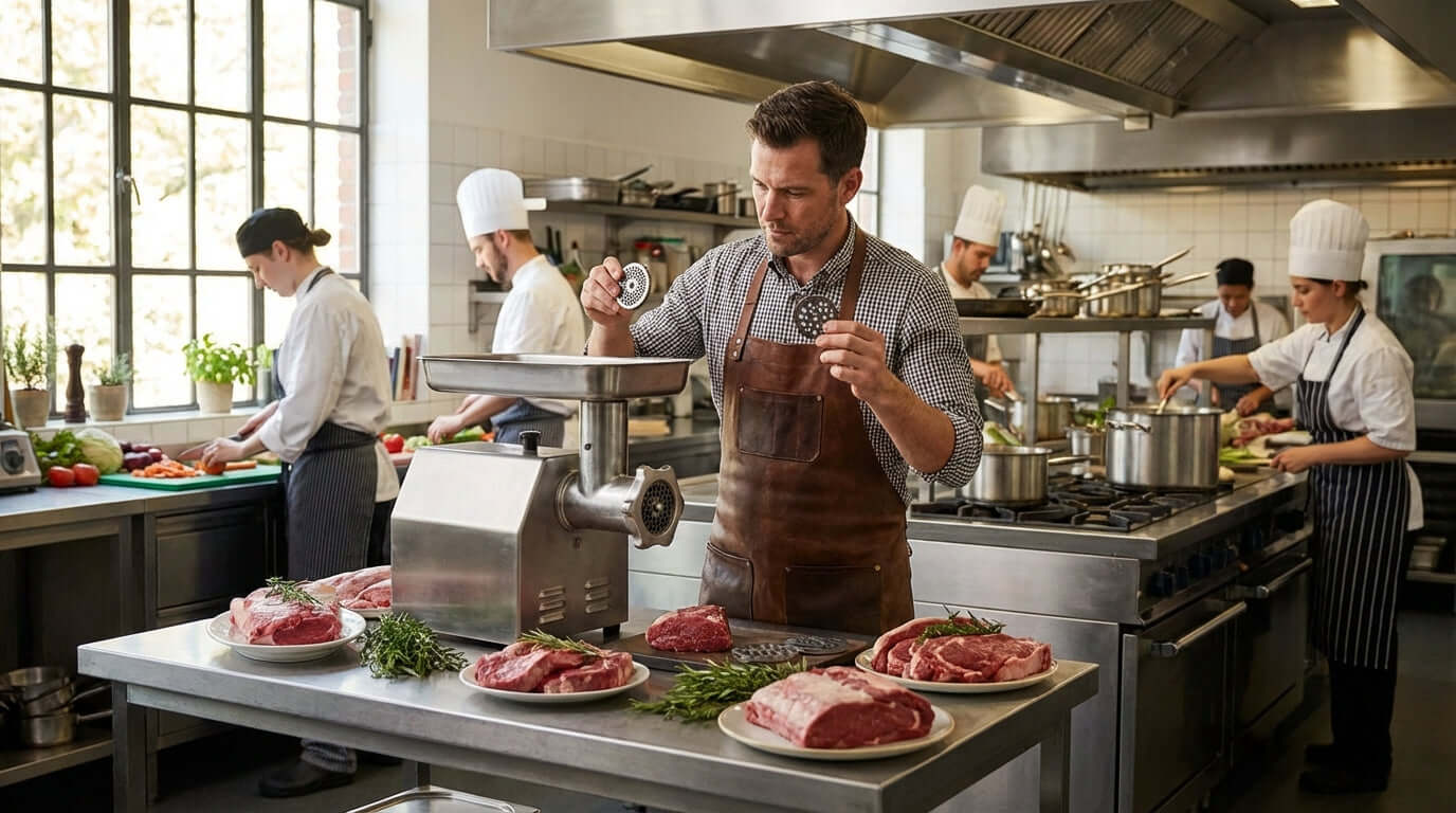 Alt Tag: A Butchers Guide: Choosing the Right Meat Grinder Plate Size - butcher selecting grinder plate size in commercial kitchen meat prep station