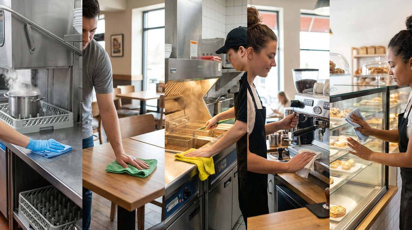 restaurant cleaning hotspots and best cleaning rags: staff wiping stainless counter, dining table, kitchen line, coffee station, and bakery display