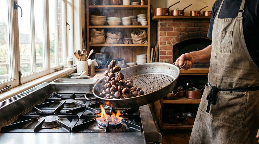 Alt Tag: The Ultimate Guide to Roasting Perfect Chestnuts Every Time—chef roasting chestnuts in pan over gas stove flame in rustic kitchen