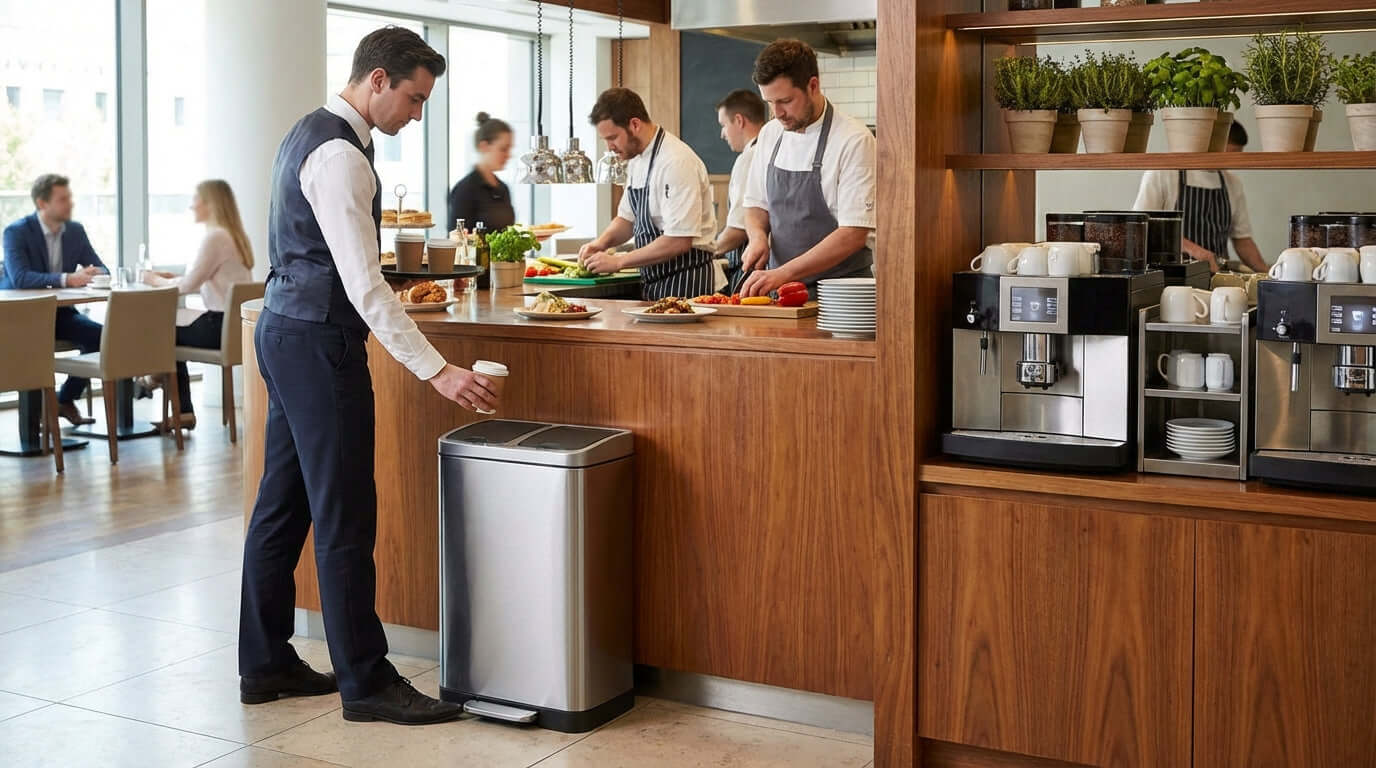 Beyond the Basics: How Stylish Wastebaskets Can Enhance Your Hotels Guest Experience - stylish stainless wastebasket in hotel breakfast area