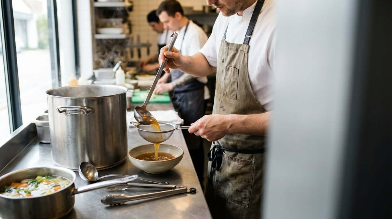 The Art of the Perfect Broth: Mastering a Rich, Clear Stock chef ladling clear stock into bowl in professional kitchen