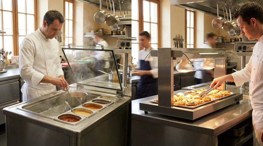 Alt Tag: Wet Heat vs. Dry Heat: Which Bain Marie is Right for Your Business? chefs using wet and dry heat bain marie food warmers in kitchen