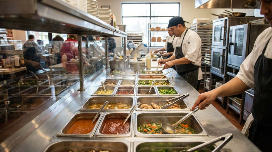 The Ultimate Guide to Setting Up Your Steam Table for Maximum Efficiency—chef organizing buffet steam table pans for fast cafeteria service
