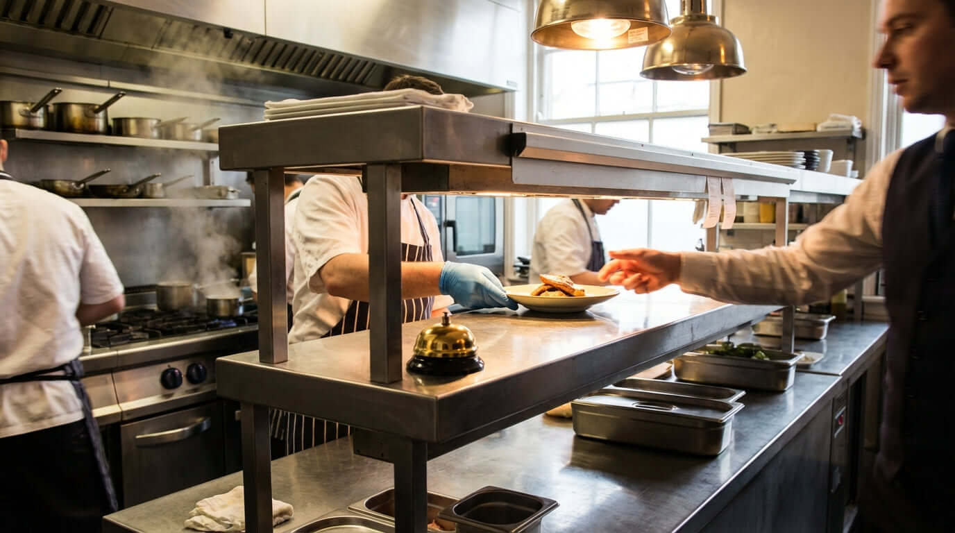 Order Up! Streamlining Kitchen-to-Server Communication with Call Bells in busy restaurant kitchen pass with call bell and servers plating food