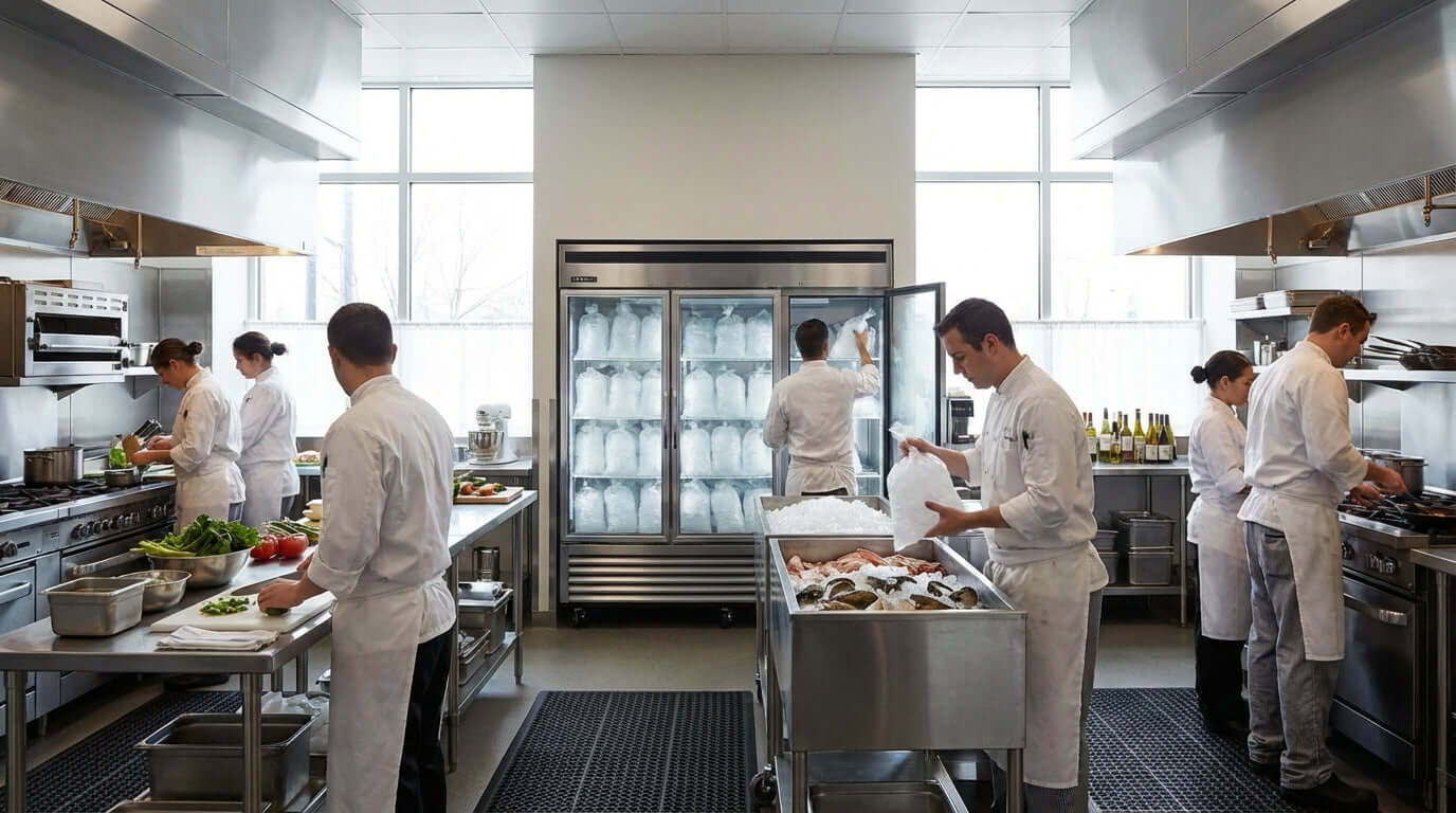 Beyond Convenience Stores: Unexpected Businesses That Profit from Ice Merchandisers in restaurant kitchen with chefs using commercial ice freezer